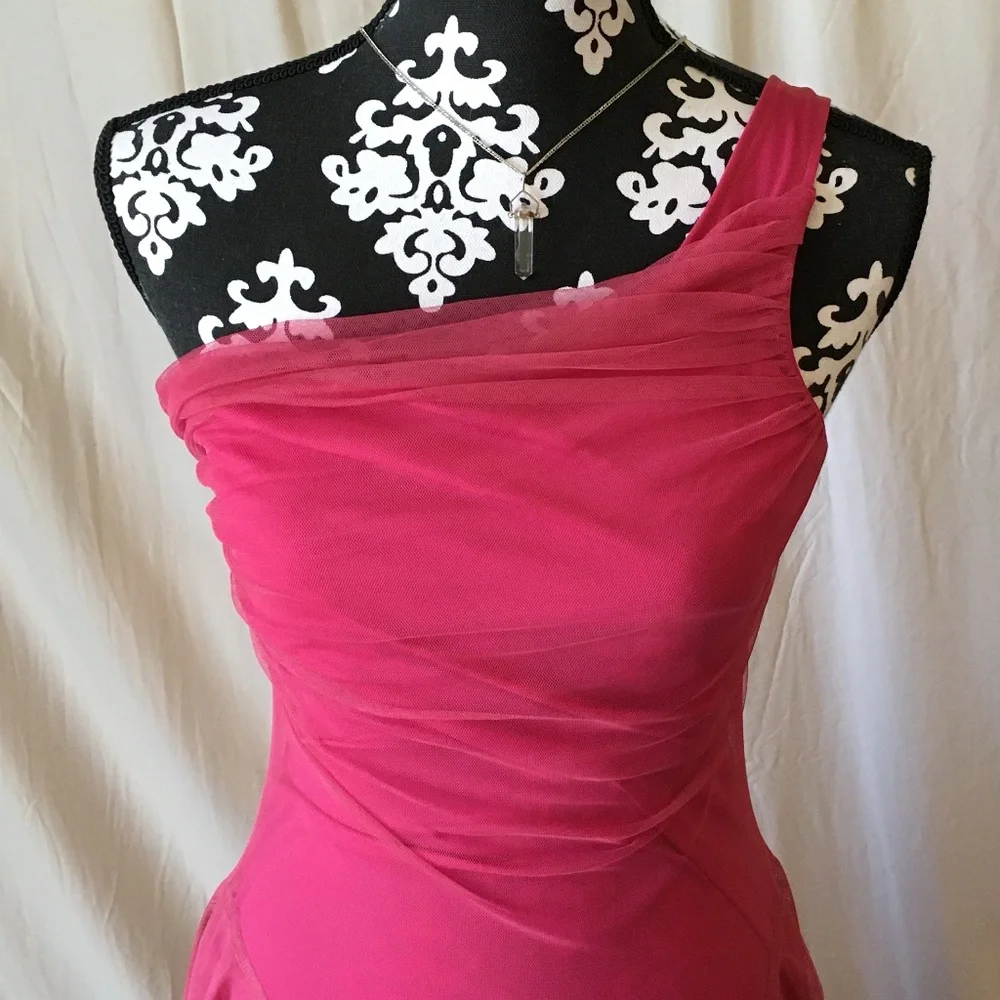 Vintage "Fairy" Asymmetrical Hem Pink Chiffon One Shoulder Midi Dress, XS - Picture 3 of 13